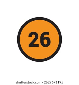 26 Número icono Vector Naranja Círculo con diseño Negro