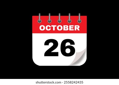 26 October calendar icon text page monthly web design on red, white and black background vector, icon, or illustration with the month of October 26
