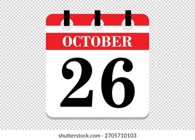 26 de octubre Vector de calendario, 26 fechas del mes de octubre icono de calendario, fechas del 26 de octubre icono de calendario, icono de calendario de Vector.