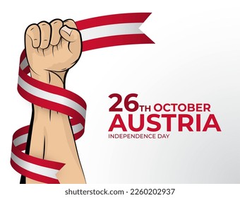 26. Oktober. Vektorgrafik der Grußkarte zum "Happy Independence Day" für das Land Österreich mit geklonten Fäusten und einem Flaggenband. Verwendung für Banner auf weißem Hintergrund.