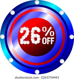 26% off. Banner for promotions and offers, vector illustration red white and blue colors, illustrative for commerce, buying and selling, awesome vector, best illustration. God is good!