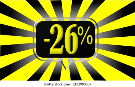26% off. Black and yellow banner twenty six percent off black balloon for big mega sales.
