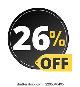 26% off limited special offer. Discount banner in red and yellow circular balloon, super discount