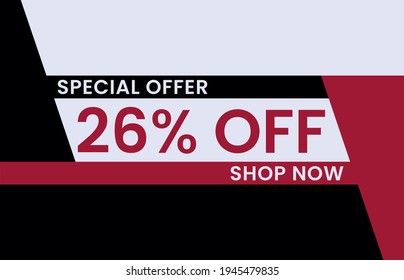 26% de descuento en el diseño de concepto moderno. Diseño de plantillas de banner de venta, oferta especial de venta masiva. Banner de oferta especial de fin de temporada