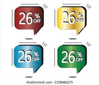 26% off. Red, yellow, blue and green stickers. Vector with four colorful balloons for special offers