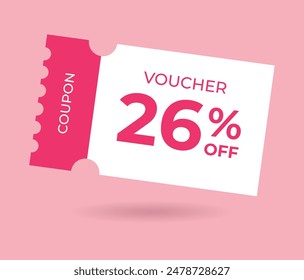 26% off Sale Voucher Coupon. Twenty six percent promotion illustration. Tag label, sale banner with discount coupon. Pink Vector gift voucher.