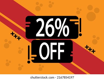 26% off for special sale, red and black squares with yellow background.