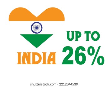 26% percentage India with Flag color vector art illustration with heart shape, font, green, orange and white color.