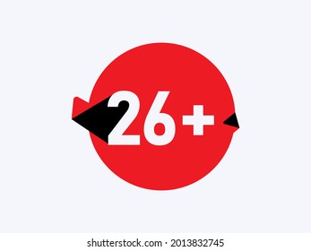 26 más iconos de límite de edad, signo plano de restricción de 26+ aislado en fondo blanco