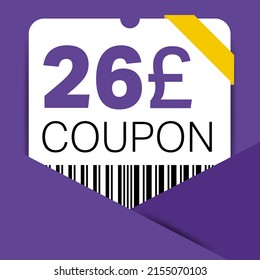 26 Pound Coupon promotion sale for a website, internet ads, social media gift 26 off discount voucher. Big sale and super sale coupon discount. Price Tag Mega Coupon discount vector illustration.