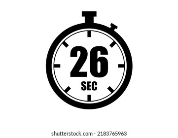 Reloj de 26 segundos. Medida del tiempo. Icono vectorial del ronómetro negro aislado en fondo blanco.