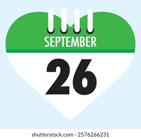 26 September calendar icon green heart shape on light sky blue color background, calendar vector symbol for the month of September.