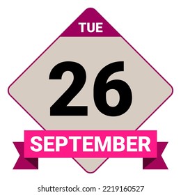 26 de septiembre, martes. Plantilla de fecha. Diseño útil para la promoción de calendarios o eventos. Ilustración vectorial Archivo EPS 10. Aislado sobre fondo blanco.