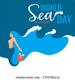 26 September World sea day. Sea wave blue background with mermaid and empty place for text.  World oceans day poster, banner, flyer. Vector illustration.