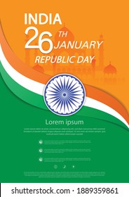 26 th January Indian Republic Day vector illustration background brochure template with Indian flag and silhouette of India monument.