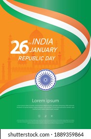 26 th January Indian Republic Day vector illustration background brochure template with Indian flag and silhouette of India monument.