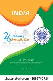 26 th January Indian Republic Day vector illustration background brochure template with Indian flag and silhouette of India monument.