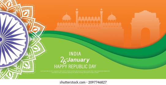 26 th January Indian Republic Day banner template design with Indian flag and silhouette of Indian monument. vector illustration .