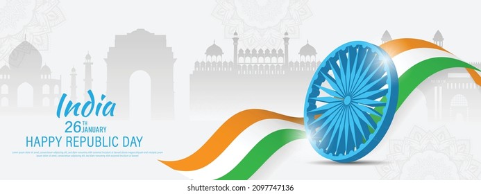 26 de enero Día de la República India diseño de pancarta con bandera india y silueta de monumento indio. ilustración vectorial.