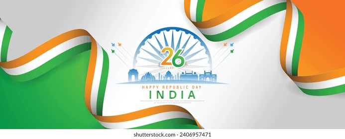 26 th January Indian Republic Day banner template design with Indian flag and silhouette of Indian monument. vector illustration .