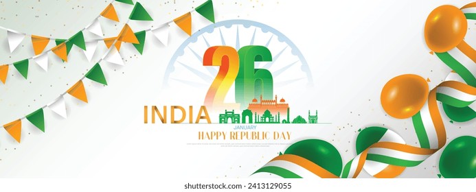 26 th January Indian Republic Day banner template design with Indian flag and silhouette of Indian monument. vector illustration .