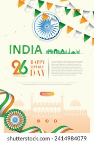 26 de enero Diseño de plancha de folletos del Día de la República India con bandera india y silueta de monumento indio. ilustración vectorial.