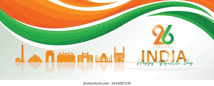 26 th January Indian Republic Day banner template design with Indian flag and silhouette of Indian monument. vector illustration .