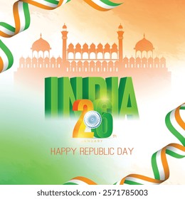 26 th January Indian Republic Day vector illustration background poster template with Indian flag and silhouette of India monument.