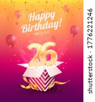 26 th years anniversary vector design element. Isolated Twenty-six years jubilee with gift box, balloons and confetti on a bright background. 