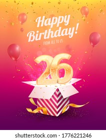 26 th years anniversary vector design element. Isolated Twenty-six years jubilee with gift box, balloons and confetti on a bright background. 