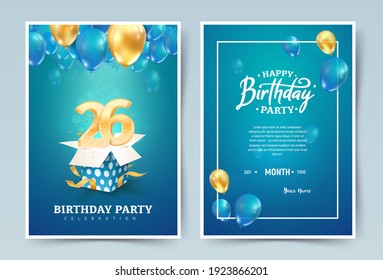 26 th years birthday vector invitation double card. Twenty six years anniversary celebration brochure. Template of invitational for print on blue background