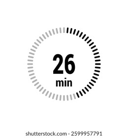26 timer minutes symbol icon vector black style isolated on white background. Clock, stopwatch, sport icon
