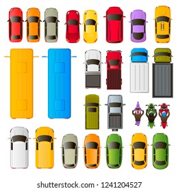 26 vector multi-colored icons of vehicles, top view: cars, trucks, buses, motorcycles, vans