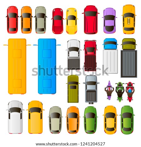 26 vector multi-colored icons of vehicles, top view: cars, trucks, buses, motorcycles, vans
