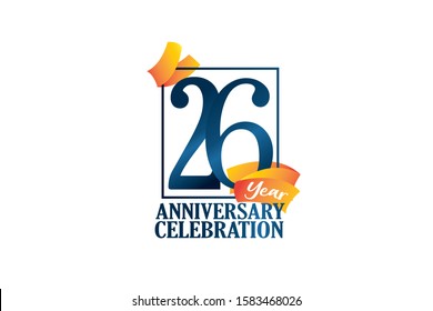 26 Year Anniversary Blue Color with Block Frame and Orange-Yellow Ribbon, Classic Style For Invitation, banner, ads, greeting card - Vector