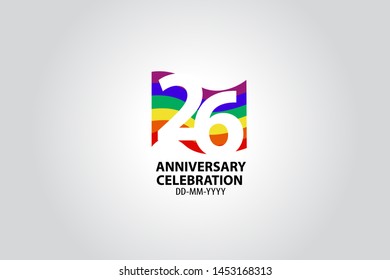 26 year anniversary celebration logotype with white number Emboss Style isolated on LGBT Colorful Flag on white grey background for invitation card, banner or flyer - vector