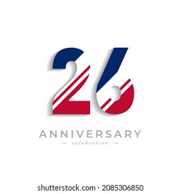26 Year Anniversary Celebration with White Slash in Red and Blue American Flag Color. Happy Anniversary Greeting Celebrates Event Isolated on White Background
