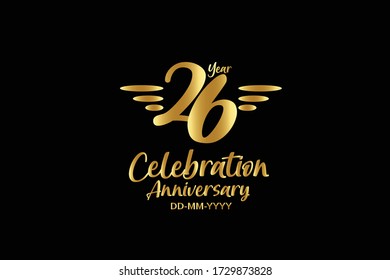 26 year anniversary gold colors on black background  with triple small stripes on left and right- vector 