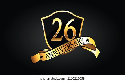 26 year anniversary logo with golden shield and ribbon. Dark elegant concept anniversary. 26th Anniversary celebration background. twenty-sixth anniversary banner vector