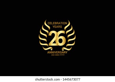 26 year minimalist logo years, jubilee, greeting card. Birthday invitation. Sign wings Line Gold space vector illustration on black background - Vector