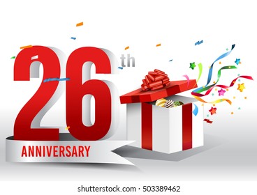 26 years anniversary background with ribbon, confetti and gift on white. Poster or brochure template. Vector illustration.
