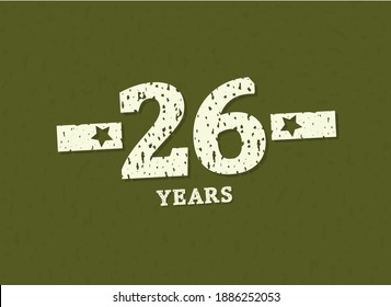 26 years anniversary with badge military, grunge pattern. Army design with star on green camouflage background. Vector perfect for any military labels, posters and armed force etc.
