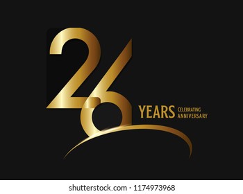 26 years anniversary celebration design. anniversary logo with swoosh and golden color isolated on black background, vector design for greeting card and invitation card.