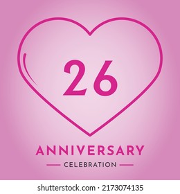 26 years anniversary celebration with heart isolated on pink background. Creative design for happy birthday, wedding, ceremony, event party, marriage, invitation card and greeting card.