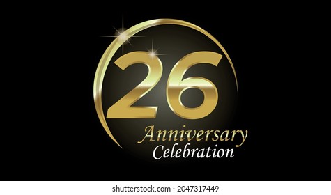 26 years anniversary celebration. Anniversary logo with ring in golden color isolated on black background with golden light, vector design for celebration, invitation card and greeting card