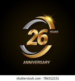  26 Years Anniversary Celebration Logotype. Golden Elegant Vector Illustration with Swoosh, Isolated on Black Background can be use for Celebration, Invitation, and Greeting card