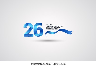 26 Years Anniversary celebration logotype colored with shiny blue, using ribbon and isolated on white background