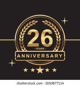 26 years anniversary golden color with circle ring and stars isolated on black background for anniversary celebration event luxury gold premium vector