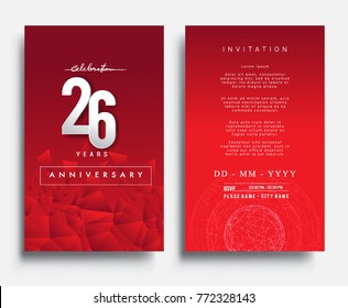 26 Years Anniversary Invitation/Greeting Card with Flat Design and Elegant, Isolated on Red Background. Vector illustration.