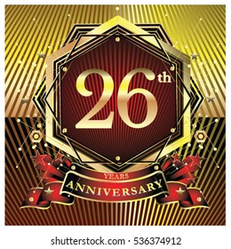 26 years anniversary logo celebration with ring and ribbon. Symbol and template for greeting card